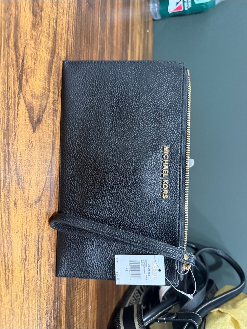 Michael Kors Black Pebbled Leather Zip Wristlet with Gold Logo